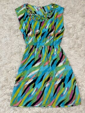NWOT Women’s Medium Speechless Colorful Blue Abstract Print Elastic-Waist Dress